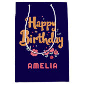 Floral Flowers Happy Birthday Handlettering ミディアムペーパーバッグ (正面)