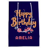 Floral Flowers Happy Birthday Handlettering ミディアムペーパーバッグ (裏面)