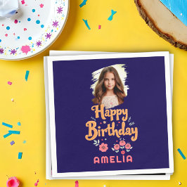 Floral Flowers Happy Birthday Handlettering Photo スタンダードカクテルナプキン