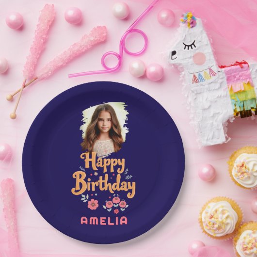 Floral Flowers Happy Birthday Handlettering Photo ペーパープレート (パーティー)