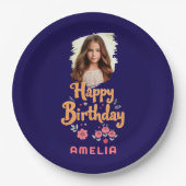 Floral Flowers Happy Birthday Handlettering Photo ペーパープレート (正面)