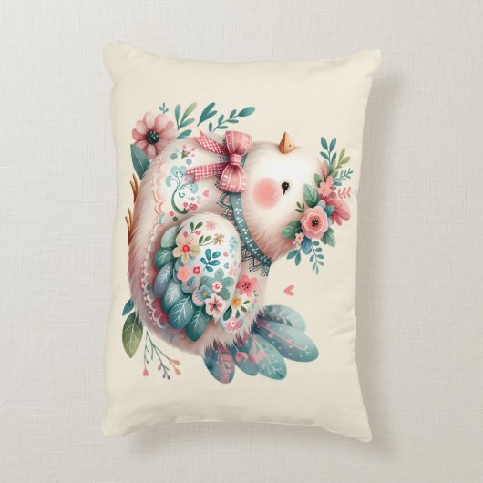 Floral Folk Bird with Pastel Boho Charm アクセントクッション (裏面(縦))