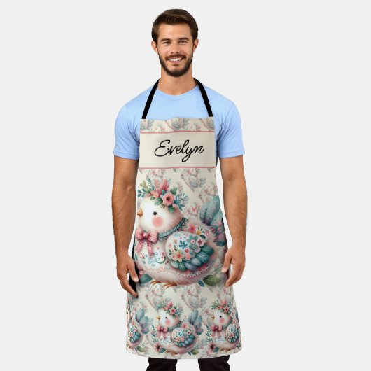 Floral Folk Bird with Pastel Boho Charm エプロン (着用した状態)