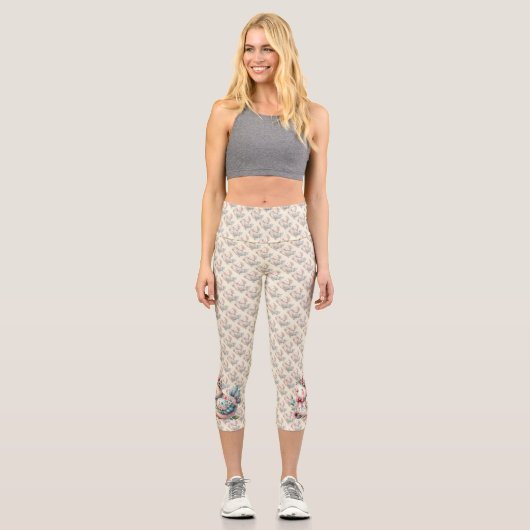 Floral Folk Bird with Pastel Boho Charm カプリレギンス (正面)