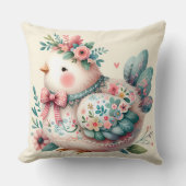 Floral Folk Bird with Pastel Boho Charm クッション (正面)