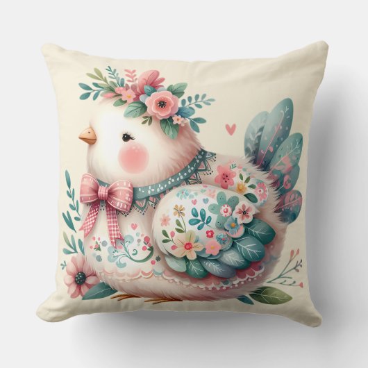 Floral Folk Bird with Pastel Boho Charm クッション (正面)