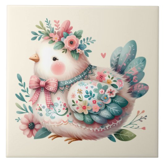Floral Folk Bird with Pastel Boho Charm タイル (正面)