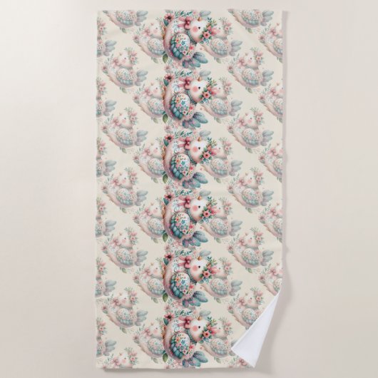 Floral Folk Bird with Pastel Boho Charm ビーチタオル (正面)