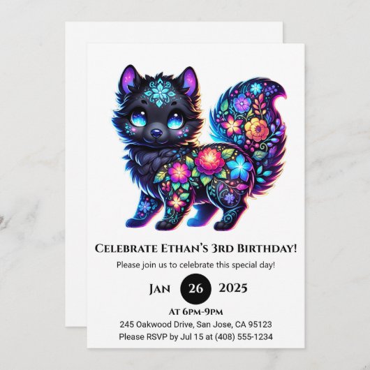 Floral Folk Fantasy Wolf Birthday 招待状 (正面/裏面)