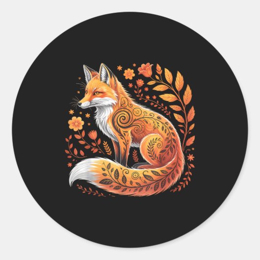 Floral Fox Flowers Art Fox In Autumn - Fall Fox  ラウンドシール (正面)