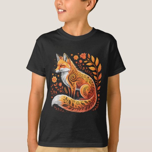 Floral Fox Flowers Art Fox In Autumn - Fall Fox  Tシャツ (正面)