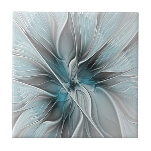 Floral Fractal Modern Abstract Flower Blue Gray タイル (正面)