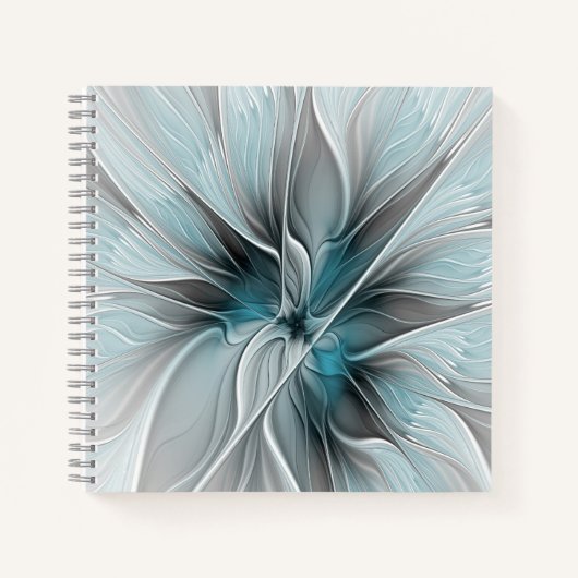 Floral Fractal Modern Abstract Flower Blue Gray ノートブック (正面)
