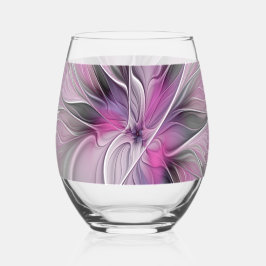 Floral Fractal Modern Abstract Flower Pink Gray ステムなしワイングラス