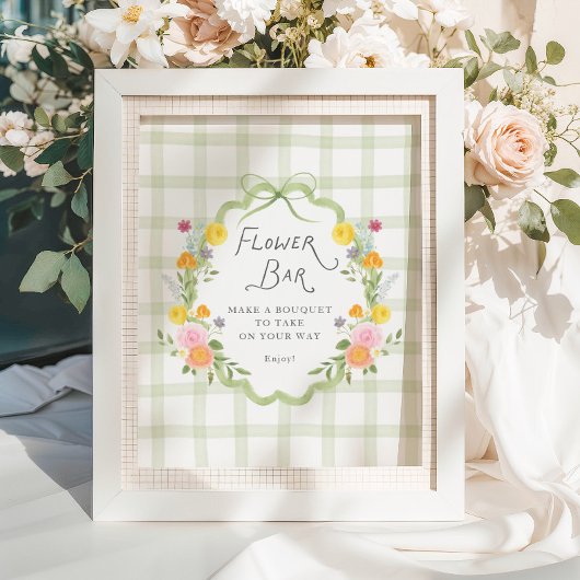 Floral Frame Green Gingham Baby Shower Flower Bar ポスター
