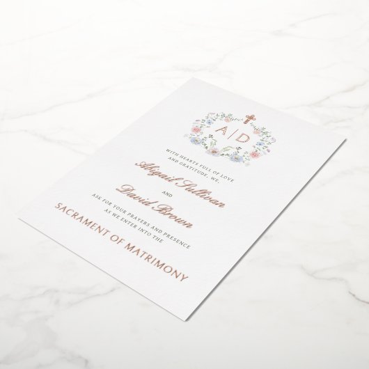 Floral Frame Monograms Catholic Wedding 箔招待状 (回転した状態)