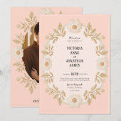 Floral Frame Peach Photo Wedding Invitation 招待状 (正面/裏面)