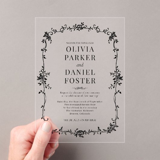 Floral French Victorian Black White Wedding  アクリル招待状 (インサイチュ (ポータブル))