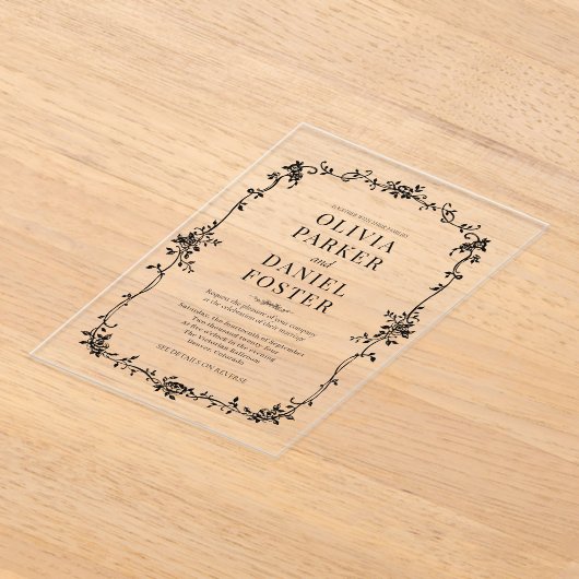 Floral French Victorian Black White Wedding  アクリル招待状 (レイダウン)