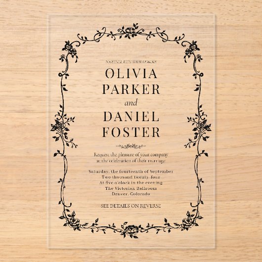 Floral French Victorian Black White Wedding  アクリル招待状 (正面)