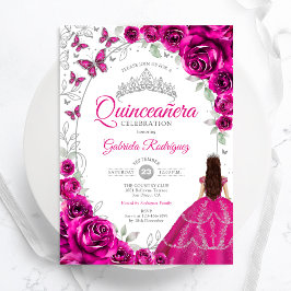 Floral Fuchsia Pink Silver Quinceanera 招待状