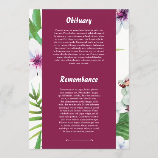 Floral Funeral Program Card Template プログラム (裏面)