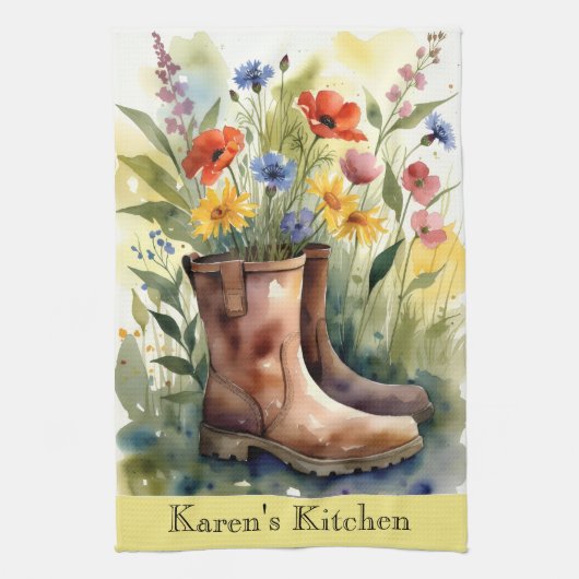 Floral Garden Boots and Wildflowers Kitchen Towel キッチンタオル (縦)