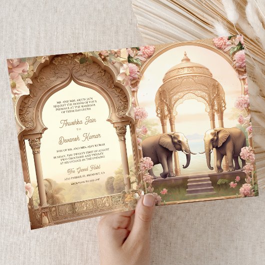 Floral Garden Elephants Indian Palace Wedding 招待状