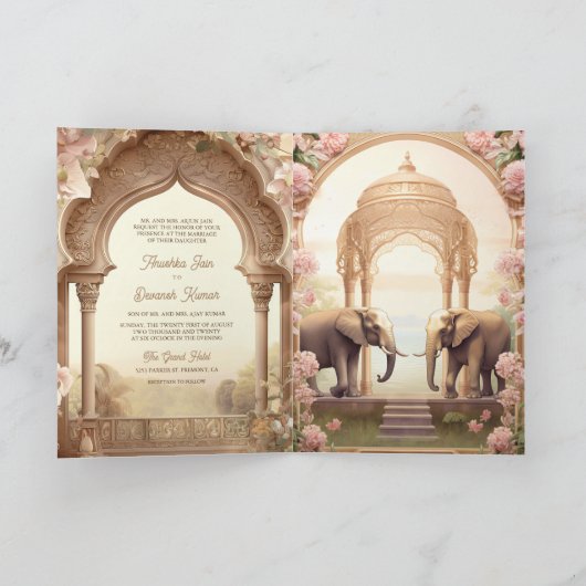 Floral Garden Elephants Indian Palace Wedding 招待状 (内部)