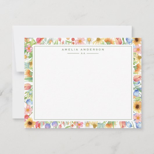 Floral Garden Monogram Note Card 招待状 (正面)