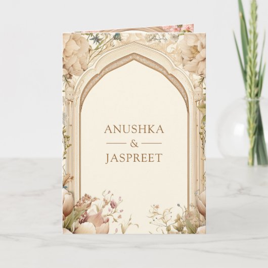 Floral Garden Peacocks Indian Palace Wedding 招待状 (正面)