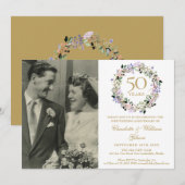 Floral Garland Photo 50th Wedding Anniversary 招待状 (正面/裏面)