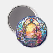 Floral Garland with Sunset Faux Stained-Glass マグネット (正面/裏面)