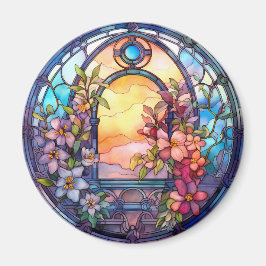 Floral Garland with Sunset Faux Stained-Glass マグネット