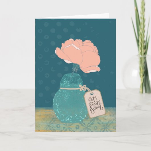 Floral “Get Well Soon” Card with Teal Vase  カード (正面)