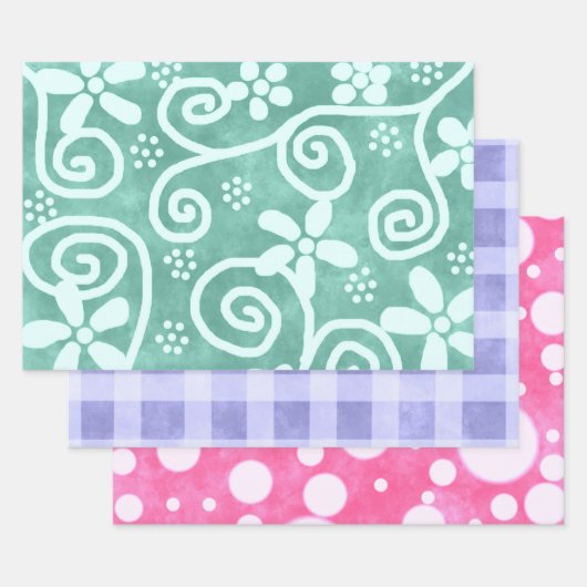 Floral Gingham Dots Multi-Color Pattern Decoupage ラッピングペーパーシート (セット)