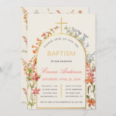 Floral Girl Baptism Gold Cross Arch & Wildflowers 招待状 (正面/裏面)
