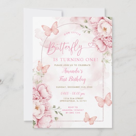 Floral Girl Butterfly は1歳の誕生日 招待状 (正面)