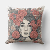Floral Goddess – Elegant Woman with Roses クッション (正面)