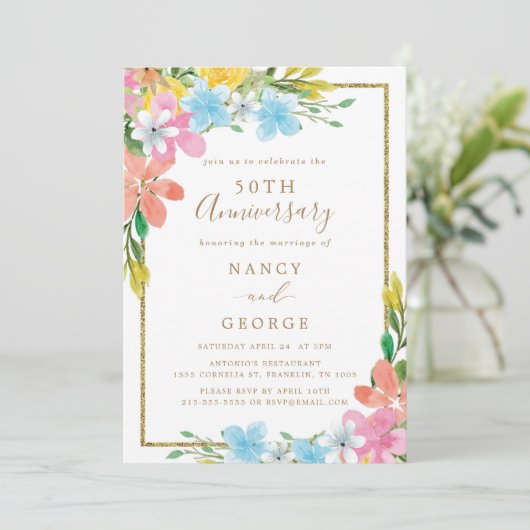 Floral Gold Border 50th Wedding Anniversary 招待状 (スタンド正面)