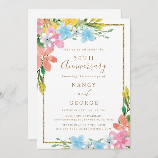 Floral Gold Border 50th Wedding Anniversary 招待状 (正面/裏面)