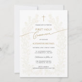 Floral Gold Cross First Holy Communion Religious 招待状 (正面)