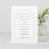 Floral Gold Cross First Holy Communion Religious 招待状 (スタンド正面)