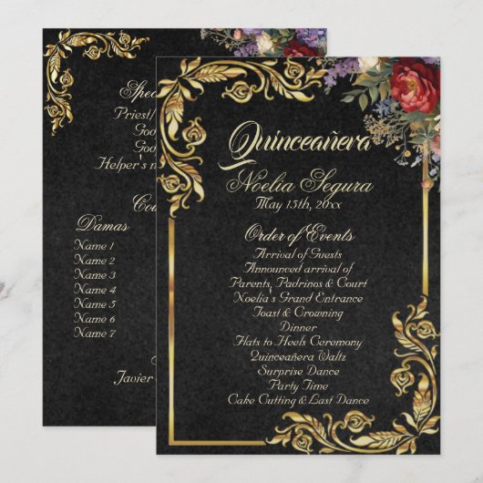 Floral & Gold Leaves - Black Quinceanera Program プログラム (正面/裏面)