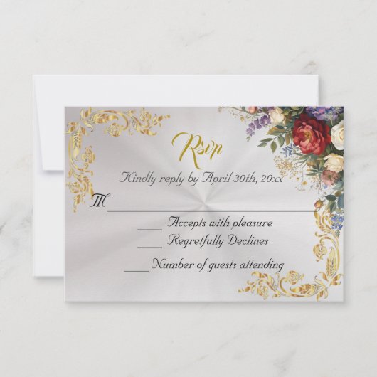 Floral & Gold Leaves - Pearl White RSVP (正面)