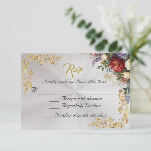 Floral & Gold Leaves - Pearl White RSVP (スタンド正面)