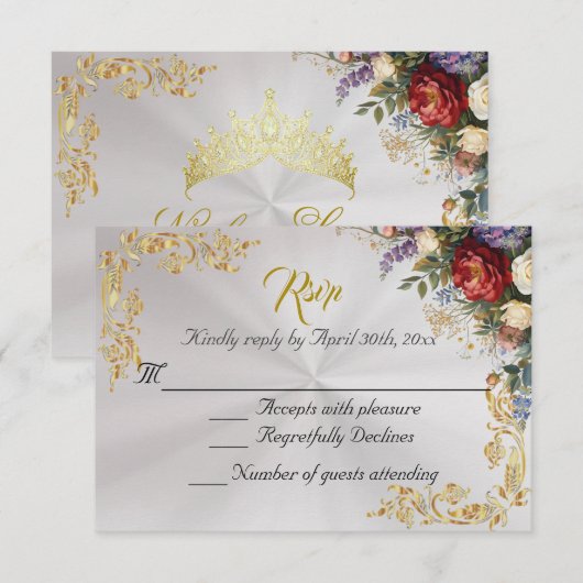 Floral & Gold Leaves - Pearl White RSVP (正面/裏面)