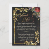 Floral, Gold Leaves & Tiara - Black Quinceanera サンキューカード (正面)