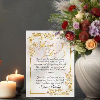 Floral, Gold Leaves & Tiara - Pearl Quinceanera サンキューカード