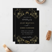 Floral Gold on Black Wedding Invitations Example ノートカード (正面/裏面インサイチュ)